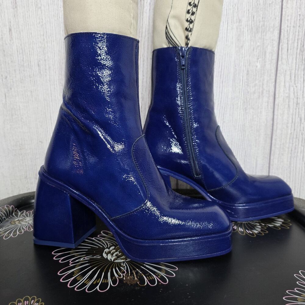 Free People Ruby Shine Cobalt Blue Patent Platform Boots 37